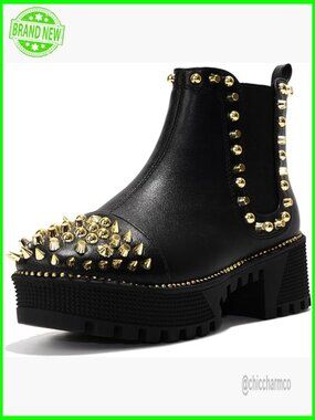 Platform Combat Boots with Studs & Spikes, Round Toe, Pull-On